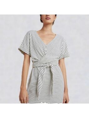 Anthropologie Ivory/ Navy XSmall Pazienza Terry Cloth Criss Cross Tie Midi Dress